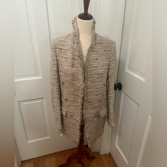 ZARA Tweed Open Blazer Jacket Tan Cream Sz Small - Picture 12 of 16